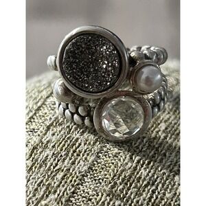 Rare Michael Dawkins Sterling Smoky Quartz Grey Pearl Drusy Ring Size 7 #742